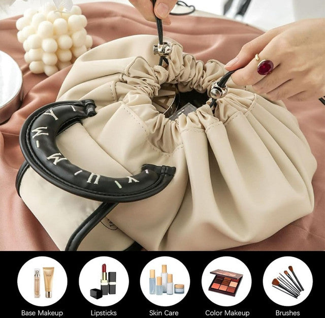 Beige and black polyester makeup organizer bag with large drawstring opening for travel and daily essentials