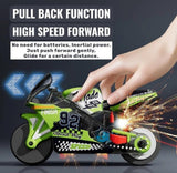 Multicolor plastic spark bike keychain toy with pull-back mechanism and wheelie stunt design