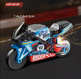 Multicolor plastic spark bike keychain toy with pull-back mechanism and wheelie stunt design for kids