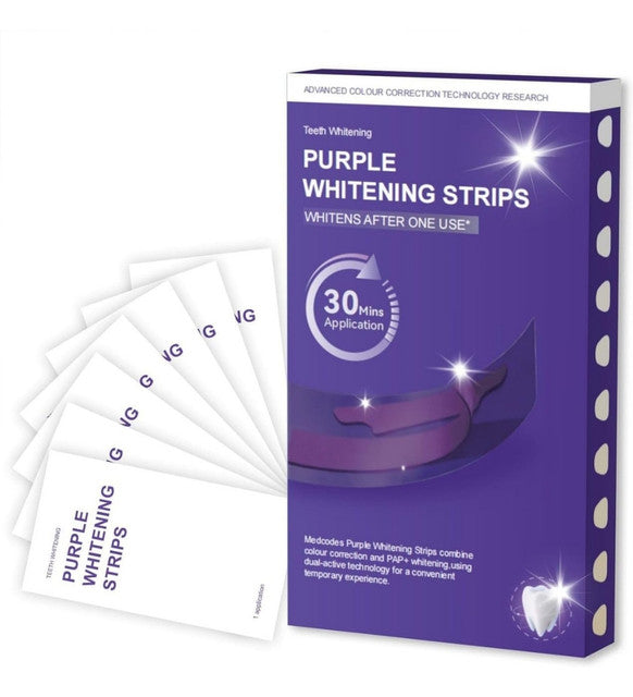 Purple fluoride-free teeth whitening strips set for safe, enamel-safe, and visible stain removal