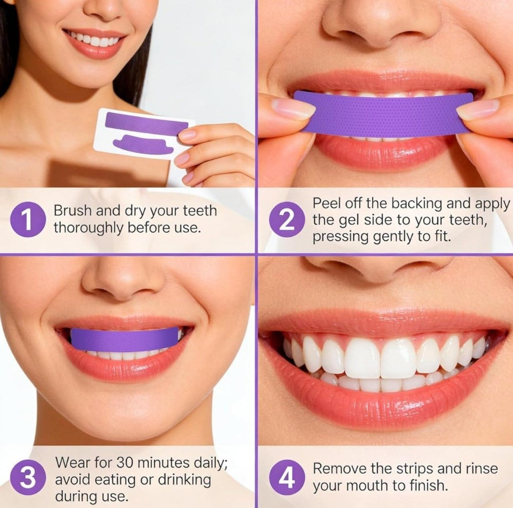 Purple fluoride-free teeth whitening strips set for safe, enamel-safe, and visible stain removal