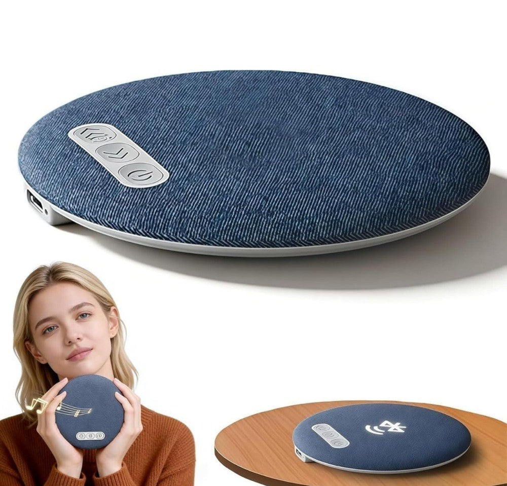 Blue plastic Bluetooth speaker designed to sit under a pillow for private, portable listening and white noise sleep aid