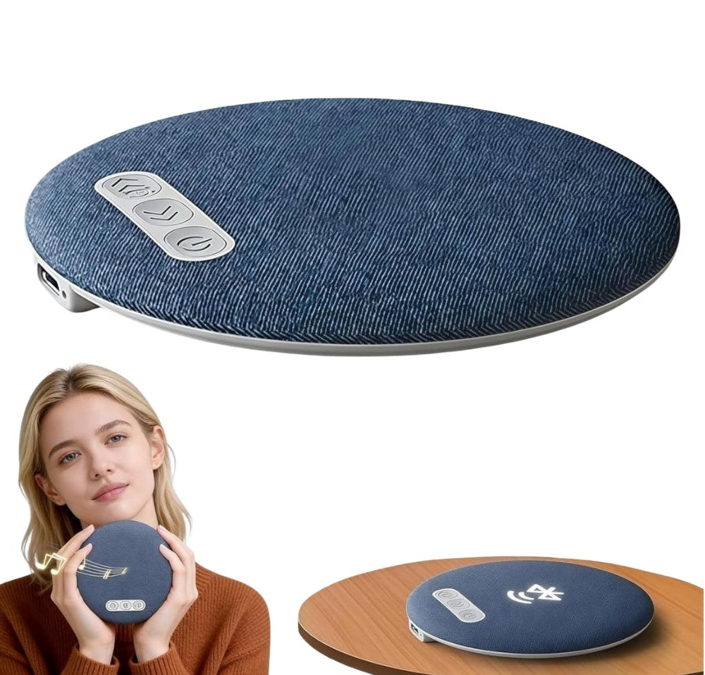 Blue plastic Bluetooth speaker designed to sit under a pillow for private, portable listening and white noise sleep aid