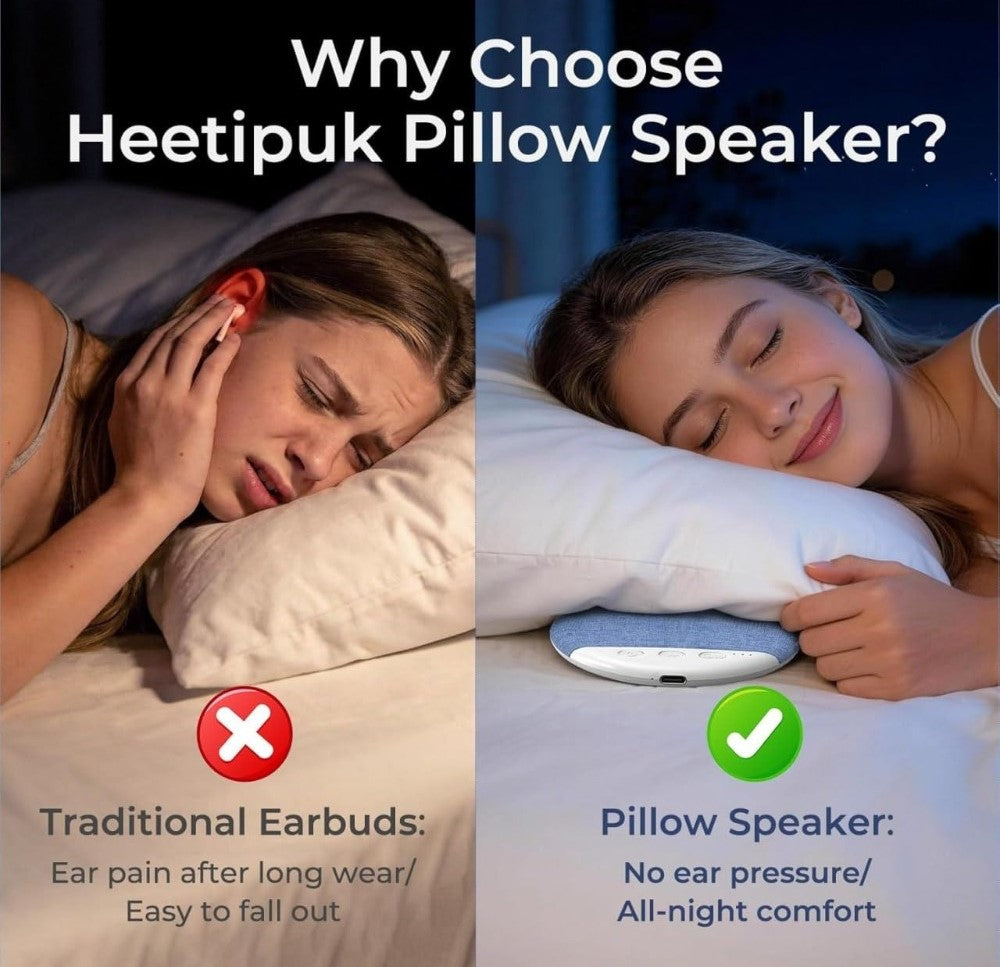 Blue plastic Bluetooth speaker designed to sit under a pillow for private, portable listening and white noise sleep aid