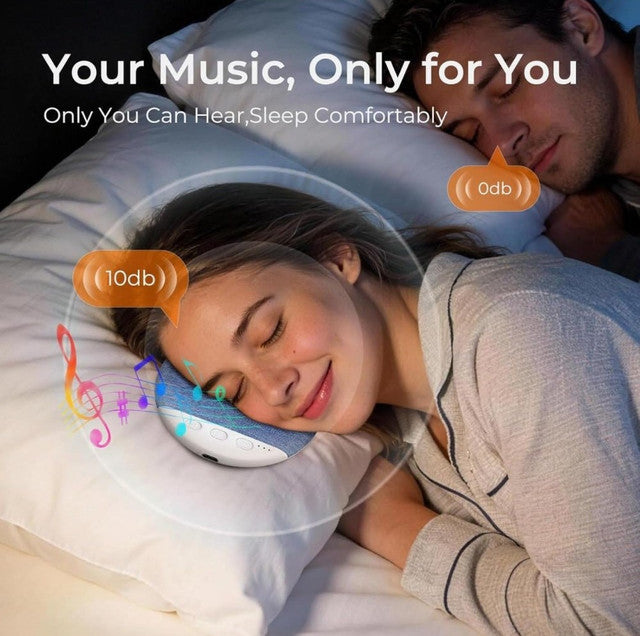 Blue plastic Bluetooth speaker designed to sit under a pillow for private, portable listening and white noise sleep aid