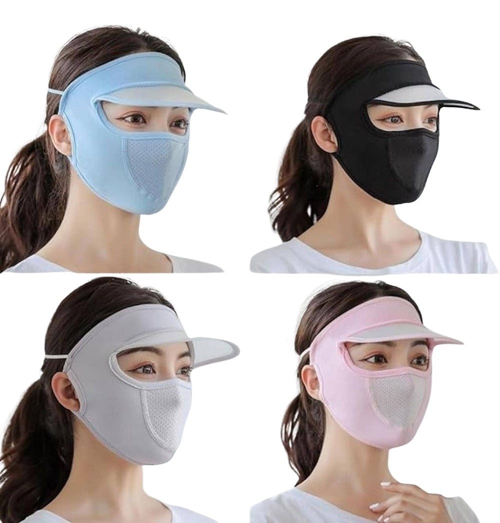 Multicolor elastic wide-brim foldable sun protection cap with integrated breathable face mask for women