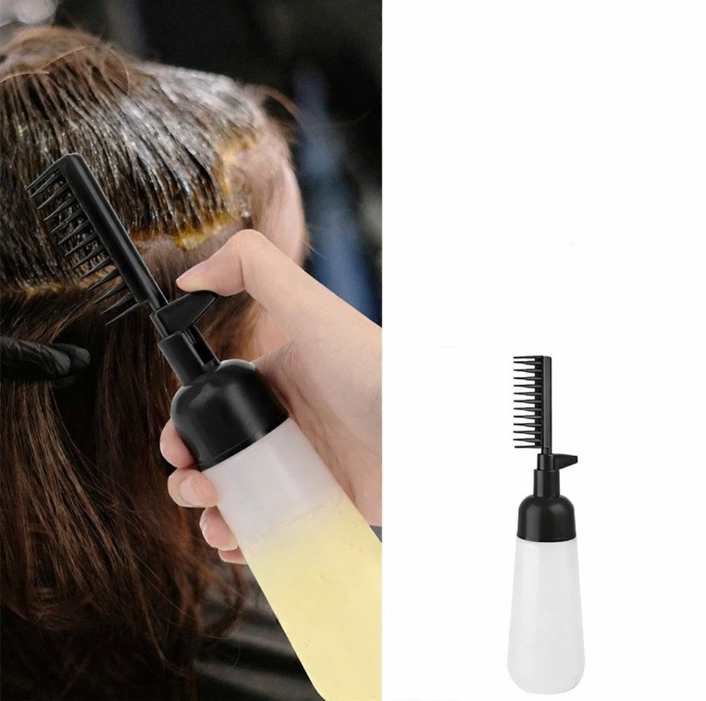 Black plastic 2-in-1 root comb and applicator bottle for even hair dye and scalp treatment application