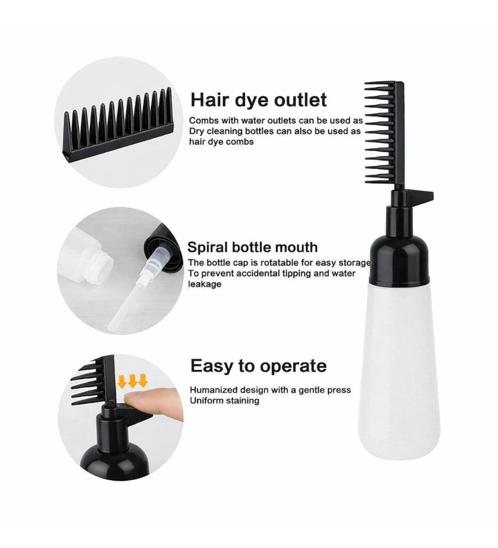 Black plastic 2-in-1 root comb and applicator bottle for even hair dye and scalp treatment application