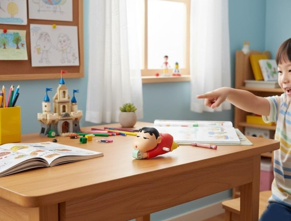 Multicolor plastic Shinchan anime figure toy crawling and hugging an alarm clock collectible decoration