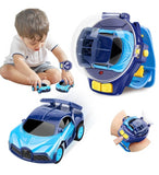 Blue mini RC car watch toy with remote control for indoor play and developing coordination