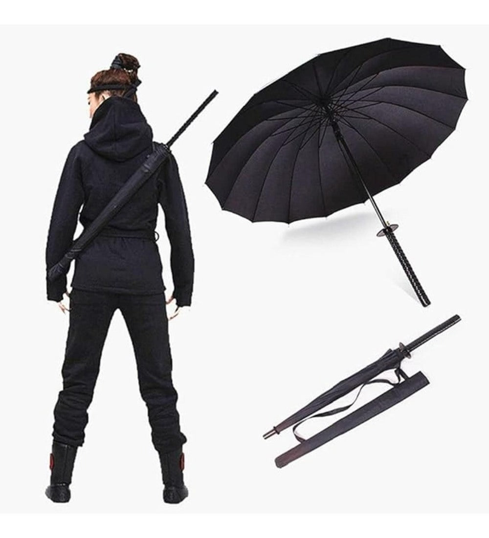 Black metal and plastic katana umbrella designed as a samurai sword for rain protection