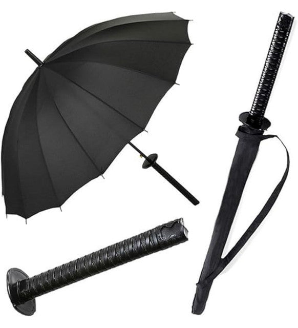 Black metal and plastic katana umbrella designed as a samurai sword for rain protection