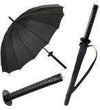 Black metal and plastic katana umbrella designed as a samurai sword for rain protection