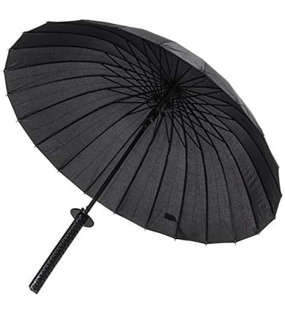 Black metal and plastic katana umbrella designed as a samurai sword for rain protection