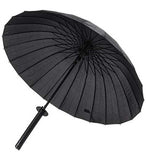 Black metal and plastic katana umbrella designed as a samurai sword for rain protection
