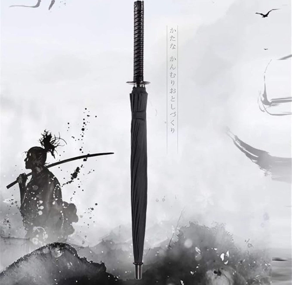 Black metal and plastic katana umbrella designed as a samurai sword for rain protection
