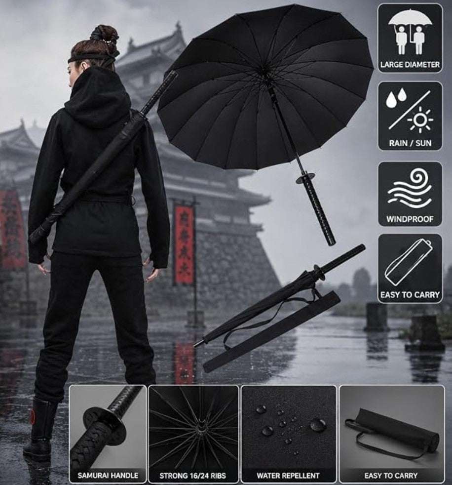 Black metal and plastic katana umbrella designed as a samurai sword for rain protection