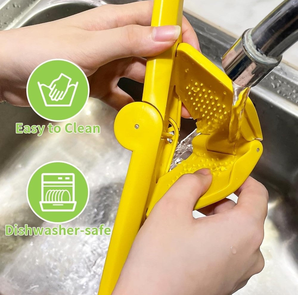 Yellow plastic manual citrus squeezer for lemons, limes, and oranges with strainer and ergonomic design