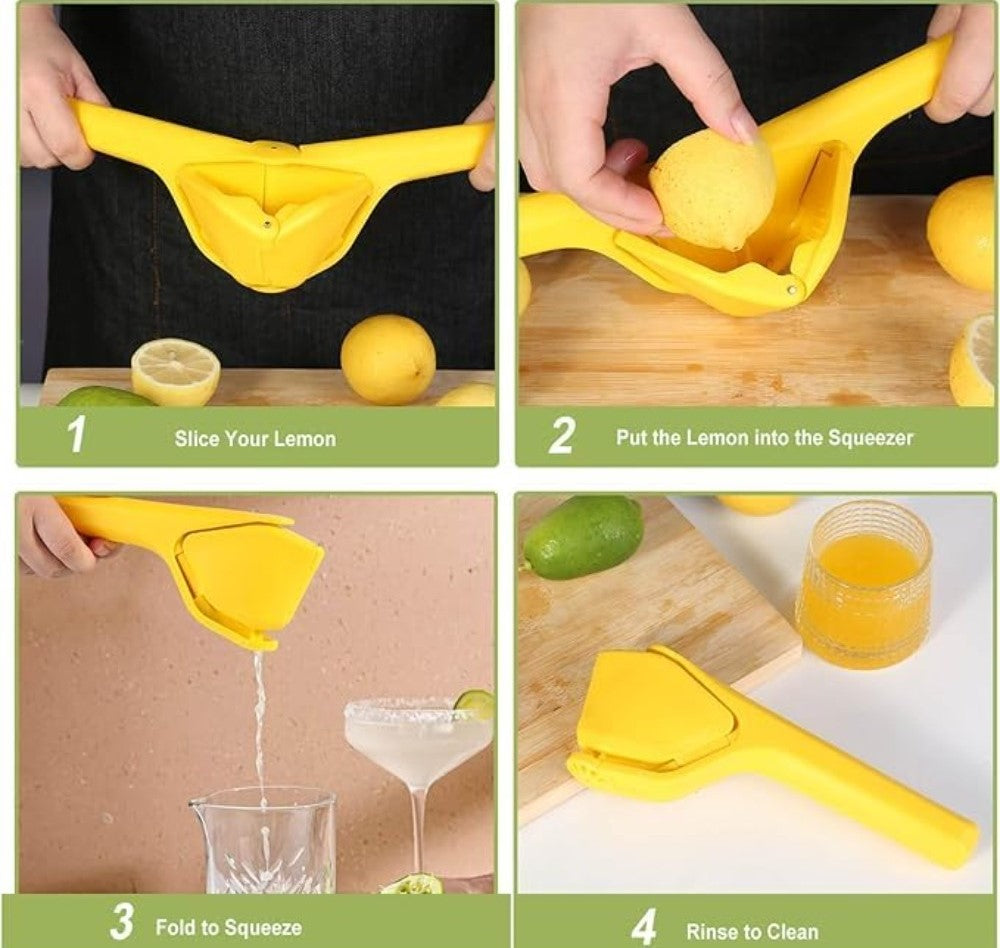 Yellow plastic manual citrus squeezer for lemons, limes, and oranges with strainer and ergonomic design
