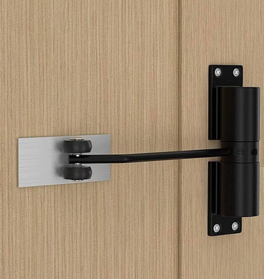 Black aluminum alloy automatic door closer for smooth, silent, and energy-efficient door operation