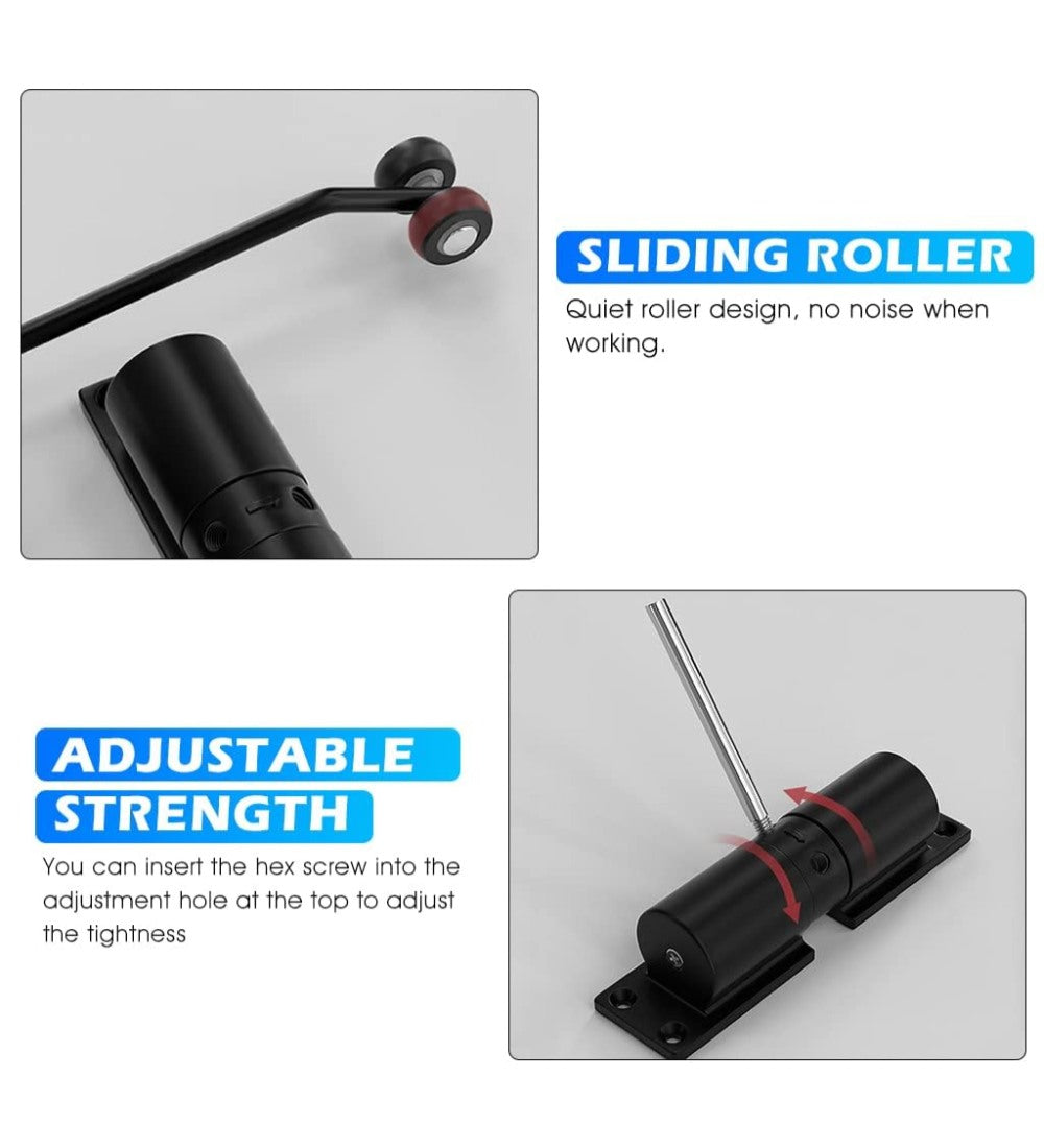 Black aluminium alloy automatic door closer for smooth, silent, and secure closing of wooden or metal doors