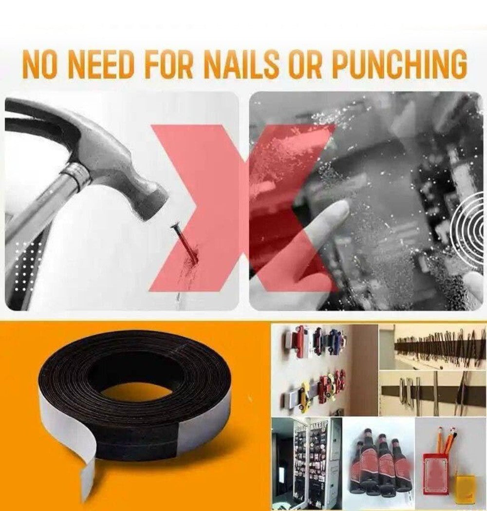 Black silicone magnetic tape roll with strong adhesive backing for damage-free home and craft organization