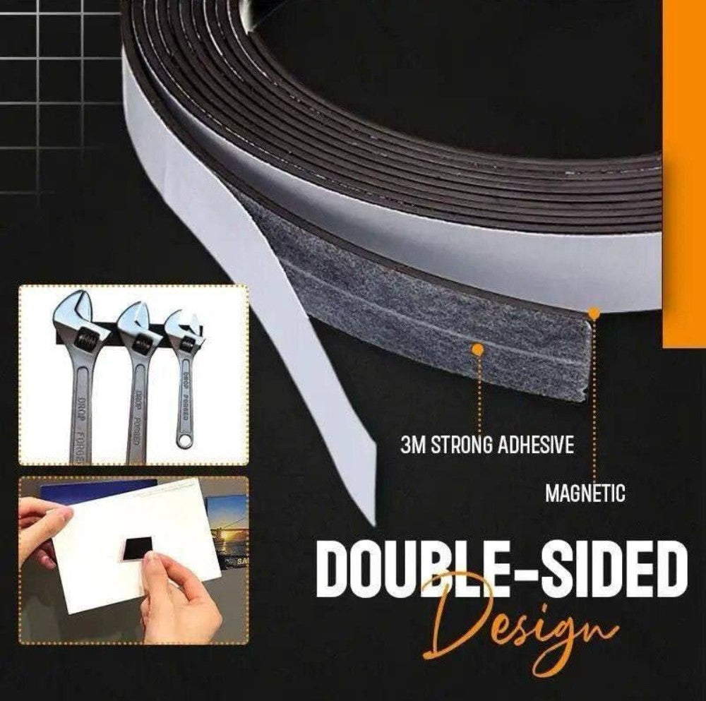 Black silicone magnetic tape roll with strong adhesive backing for damage-free home and craft organization