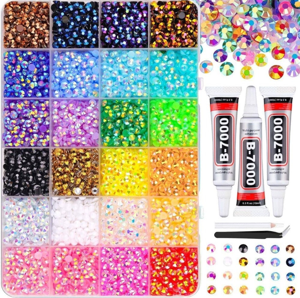 Multicolor resin nail art rhinestone bedazzling kit with adhesive glue, pick-up pen, and tweezers for crafts
