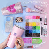 Multicolor resin nail art rhinestone bedazzling kit with adhesive glue, pick-up pen, and tweezers for crafts