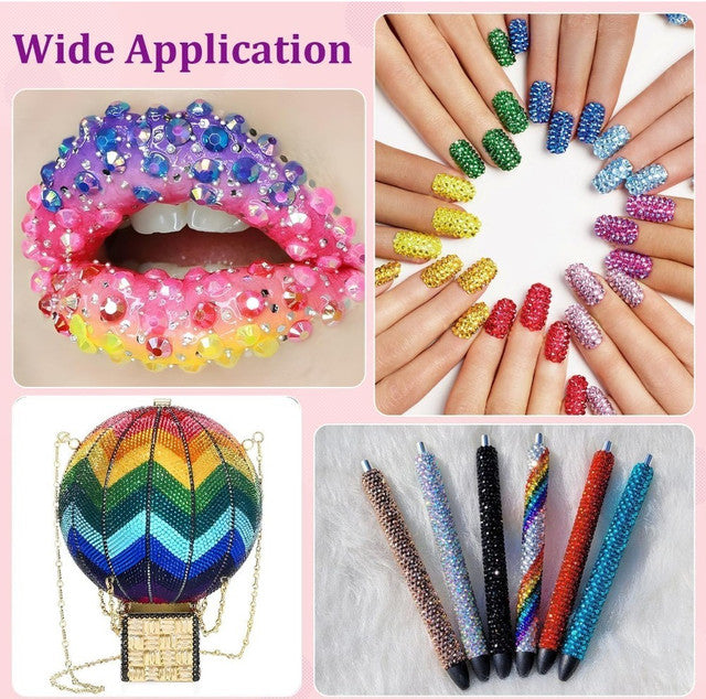 Multicolor resin nail art rhinestone bedazzling kit with adhesive glue, pick-up pen, and tweezers for crafts