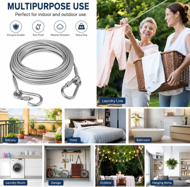 Stainless Steel Clothes Drying Rope With Hooks 10 Meter (Silver)