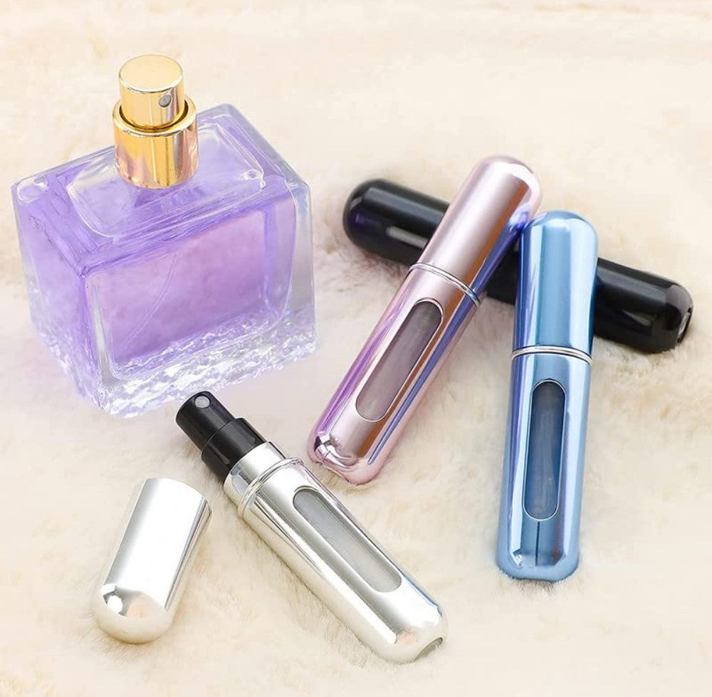 Multicolor aluminum travel perfume spray bottle set, refillable atomizer for carrying cologne or aftershave