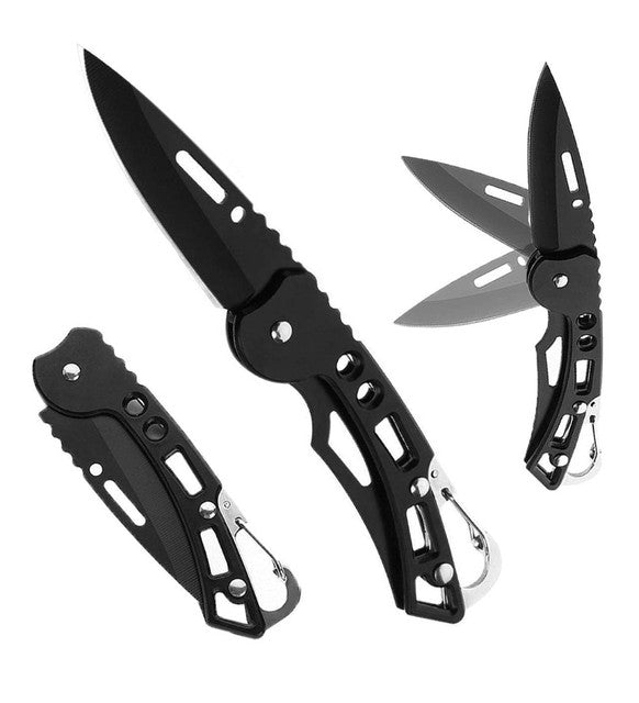 Black stainless steel pocket knife with carbon steel blade, compact and foldable utility tool