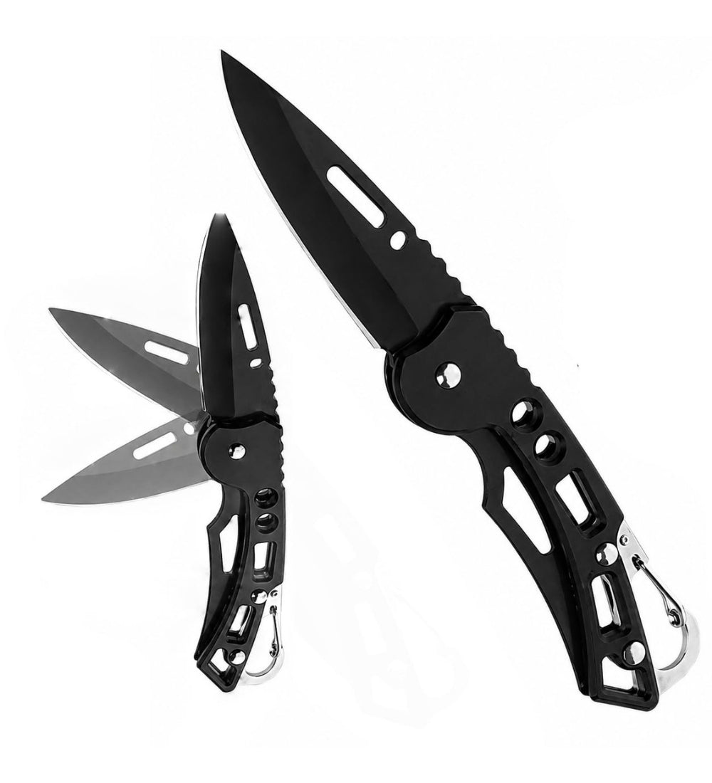Black stainless steel pocket knife with carbon steel blade, compact and foldable utility tool