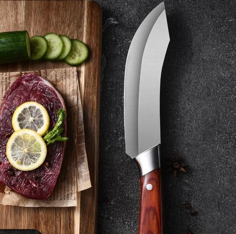 Silver stainless steel chef knife with protective cover, ideal for chopping, slicing, and general food preparation