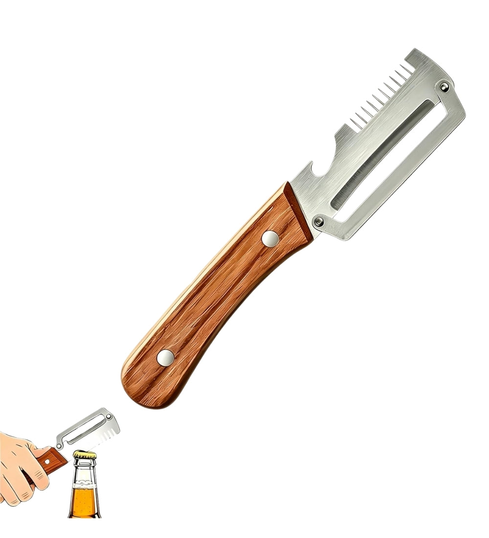 Silver stainless steel 3-in-1 kitchen peeler with grater and bottle attachment for meal prep