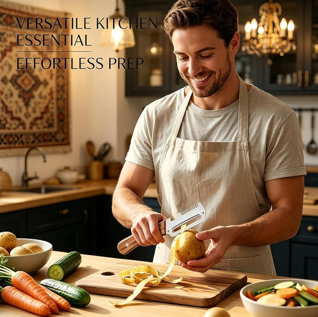 Silver stainless steel 3-in-1 kitchen peeler with grater and bottle attachment for meal prep