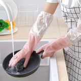 Peach colored PVC full-length gloves for heavy-duty protection during dishwashing, gardening, and cleaning