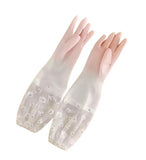 Peach colored PVC full-length gloves for heavy-duty protection during dishwashing, gardening, and cleaning