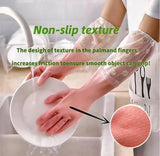 Peach colored PVC full-length gloves for heavy-duty protection during dishwashing, gardening, and cleaning