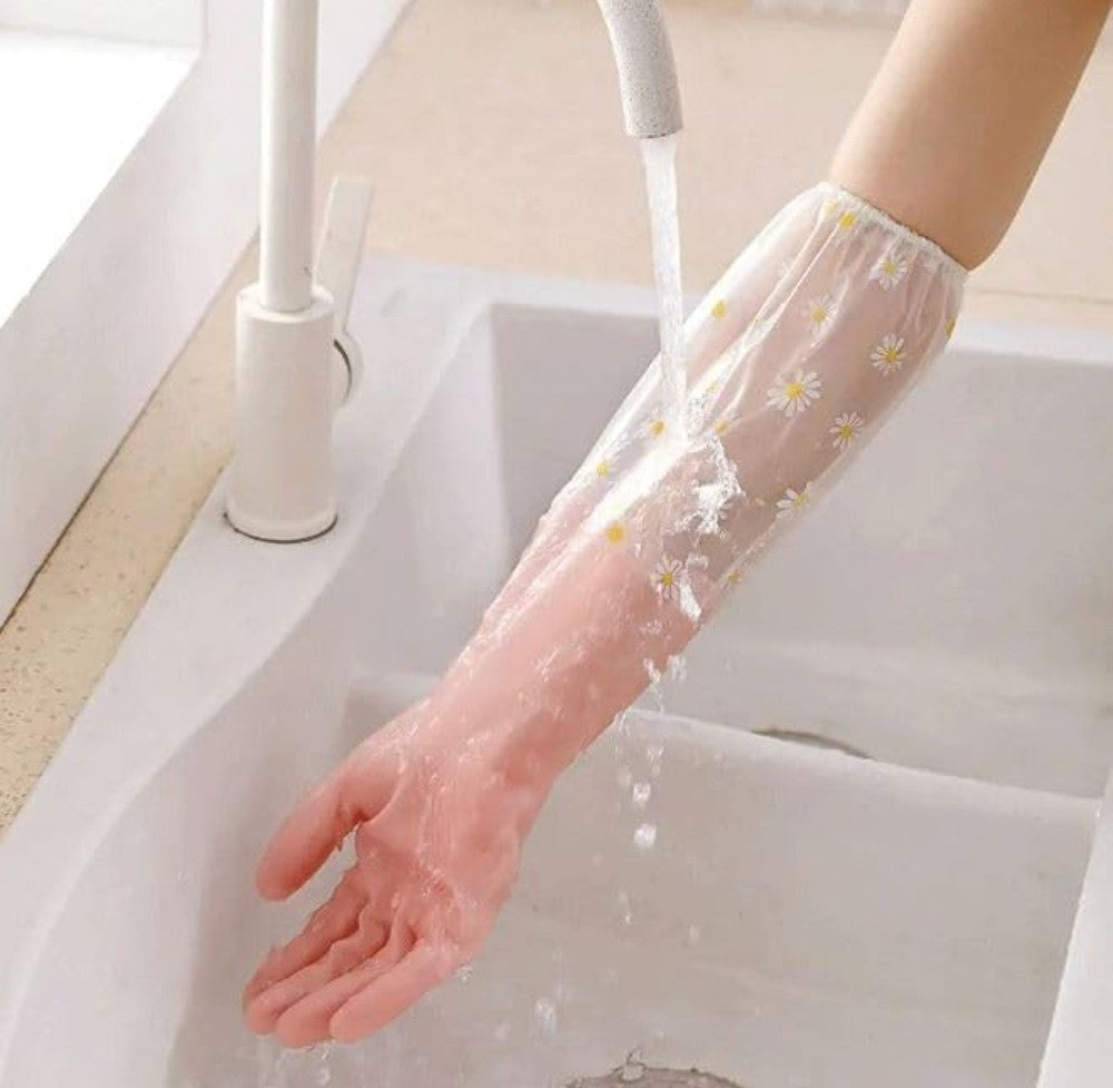 Peach colored PVC full-length gloves for heavy-duty protection during dishwashing, gardening, and cleaning