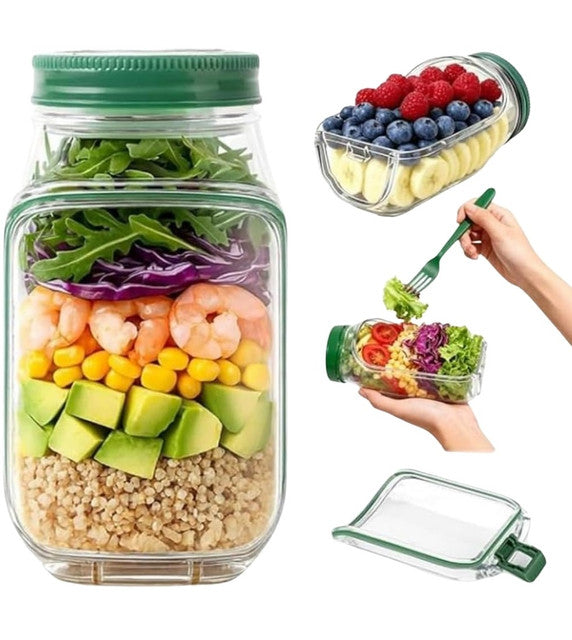 Green plastic layered salad container with airtight lid and built-in dressing cup for meal prep