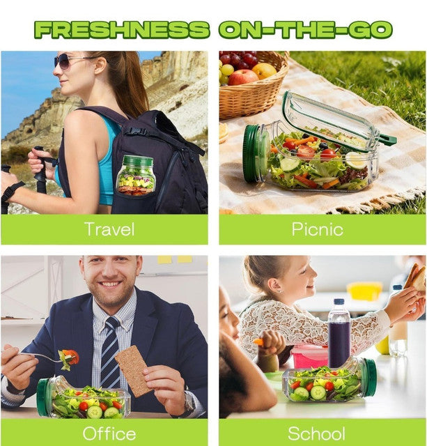 Green plastic layered salad container with airtight lid and built-in dressing cup for meal prep