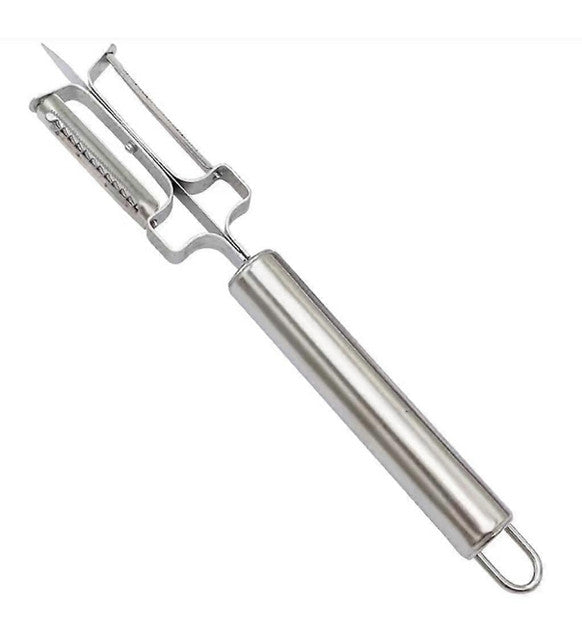 Silver stainless steel 3-in-1 vegetable peeler and bottle opener with wooden handle