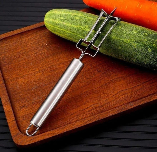 Silver stainless steel 3-in-1 vegetable peeler and bottle opener with wooden handle
