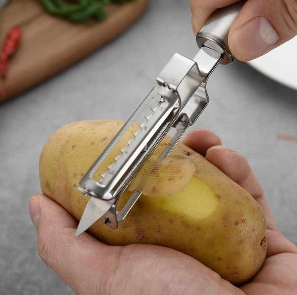 Silver stainless steel 3-in-1 vegetable peeler and bottle opener with wooden handle