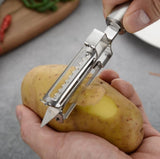 Silver stainless steel 3-in-1 vegetable peeler and bottle opener with wooden handle