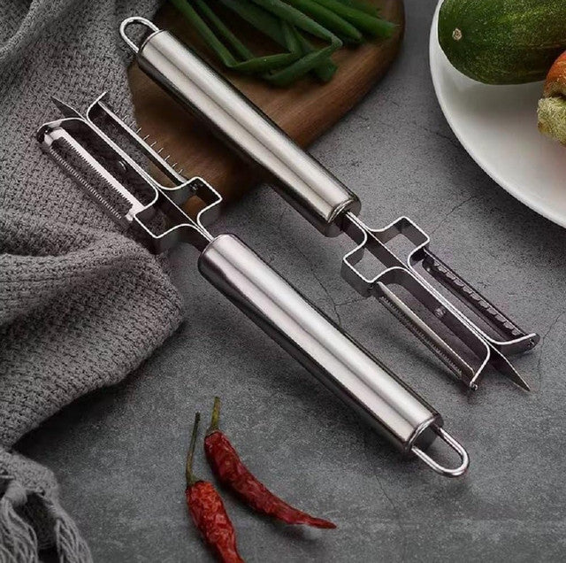 Silver stainless steel 3-in-1 vegetable peeler and bottle opener with wooden handle