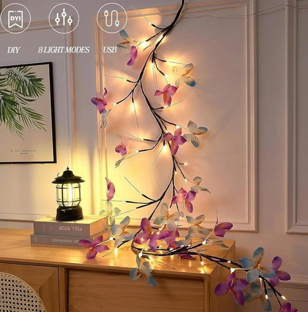 Multicolor plastic butterfly vine wall light with 48 warm white LEDs, USB powered decorative accent