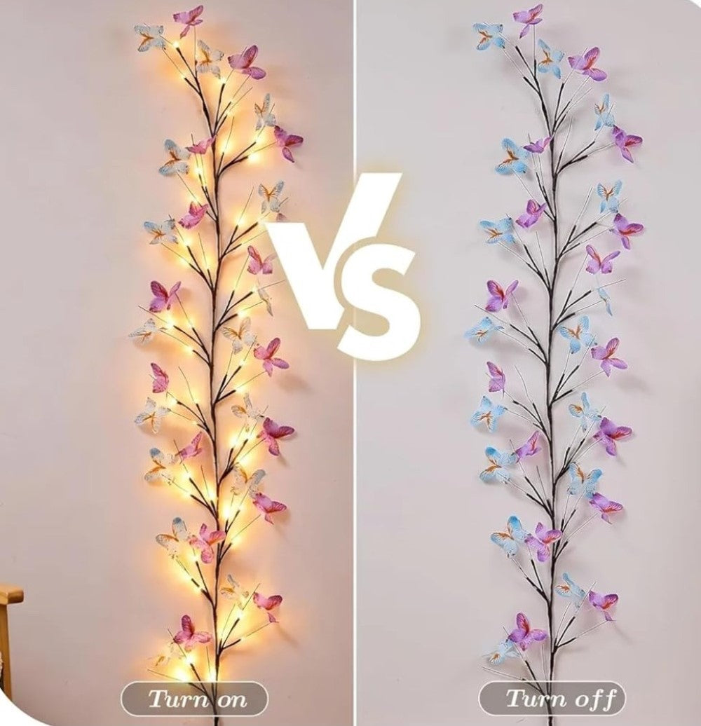 Multicolor plastic butterfly vine wall light with 48 warm white LEDs, USB powered decorative accent